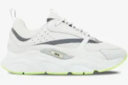 Side profile of Dior B22 sneakers in white and silver with a fluo green outsole. - SKU 3SN231YKA_H000