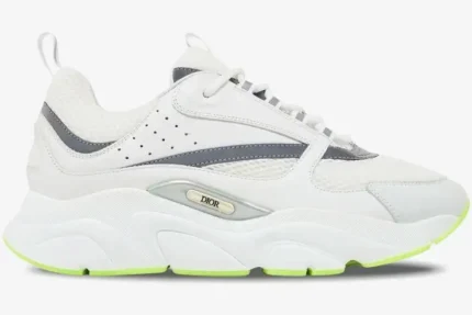 Side profile of Dior B22 sneakers in white and silver with a fluo green outsole. - SKU 3SN231YKA_H000