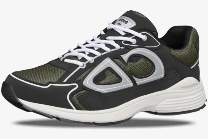 Dior B30 sneaker in deep green and black technical mesh, side profile view with white laces and sole. - SKU 3SN279ZRD_H664
