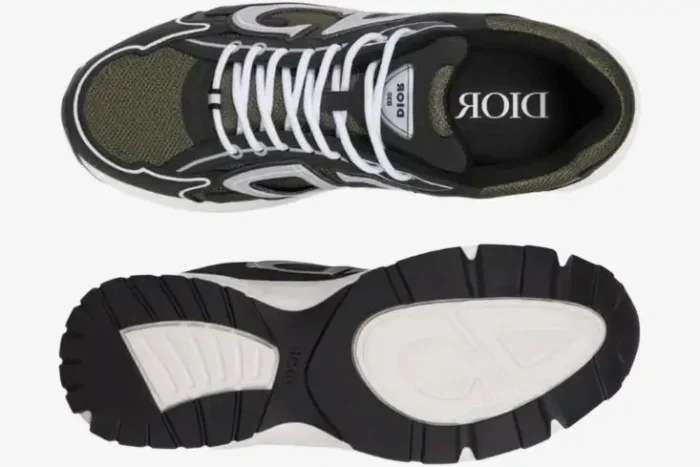 Top-down view of Dior B30 Deep Green Black sneakers showing the mesh upper and patterned outsole. - SKU 3SN279ZRD_H664