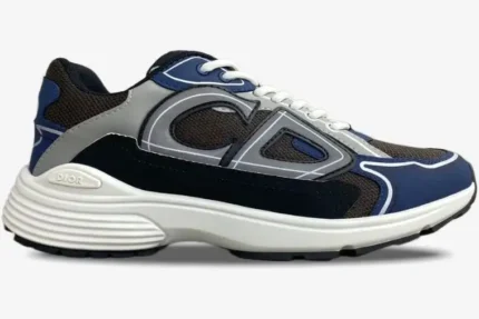 Dior B30 sneaker in blue, grey, and black technical mesh, side profile view with white sole. - SKU 3SN279ZRB_H865