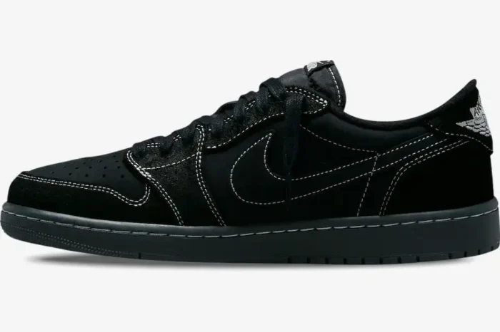 Air Jordan 1 Low OG x Travis Scott Black Phantom sneaker in black with white stitching, medial side profile view. - SKU DM7866-001