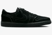 Black Air Jordan 1 Low OG x Travis Scott Black Phantom sneaker shown from a side profile view. - SKU DM7866-001