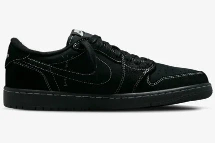 Black Air Jordan 1 Low OG x Travis Scott Black Phantom sneaker shown from a side profile view. - SKU DM7866-001