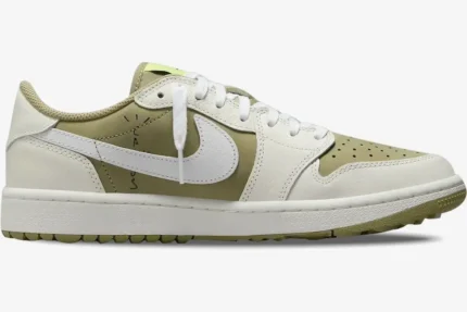 Medial side profile of Air Jordan 1 Low x Travis Scott Golf in Neutral Olive and Sail. - SKU FZ3124-200