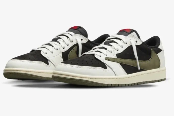 Air Jordan 1 Low x Travis Scott Olive Women's sneakers in white, black, and olive, three-quarter front view. - SKU DZ4137-106
