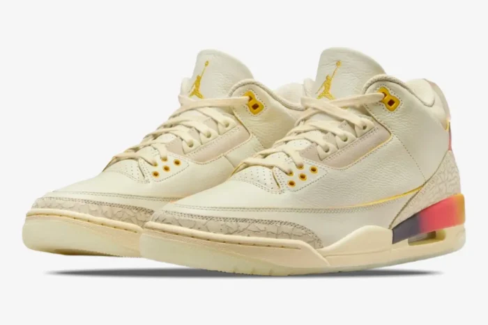 Air Jordan 3 Retro x J Balvin Medellín Sunset sneakers in sail, three-quarter front view. - SKU FN0344-901