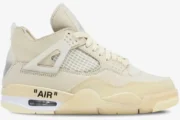 Side view of the Air Jordan 4 Retro x Off-White Sail women's sneaker in cream with 'AIR' text. - SKU CV9388-100
