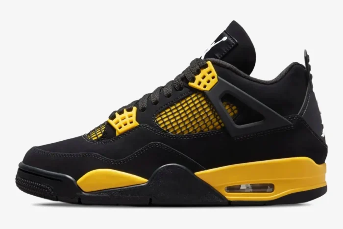 Side profile of an Air Jordan 4 Retro Thunder sneaker in black and tour yellow. - SKU DH6927-017