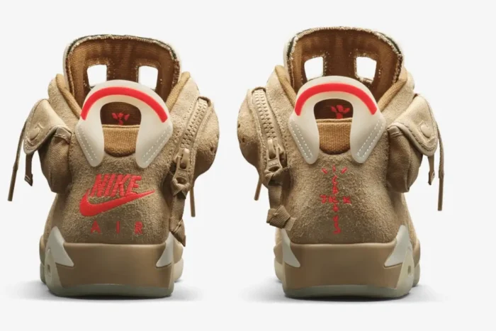 Rear view of British Khaki Air Jordan 6 Retro x Travis Scott sneakers with Nike Air and Cactus Jack logos. - SKU DH0690-200