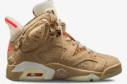 Side profile of the Air Jordan 6 Retro x Travis Scott sneaker in British Khaki suede with a small pouch. - SKU DH0690-200