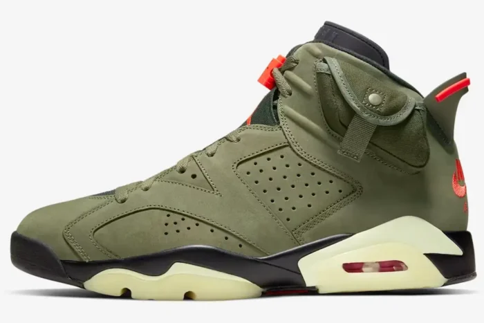Side profile of Air Jordan 6 Retro x Travis Scott in Medium Olive featuring an ankle stash pocket. - SKU CN1084-200