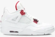 Side profile of the Air Jordan 4 Retro Red Metallic sneaker in white with metallic red accents. - SKU CT8527-112