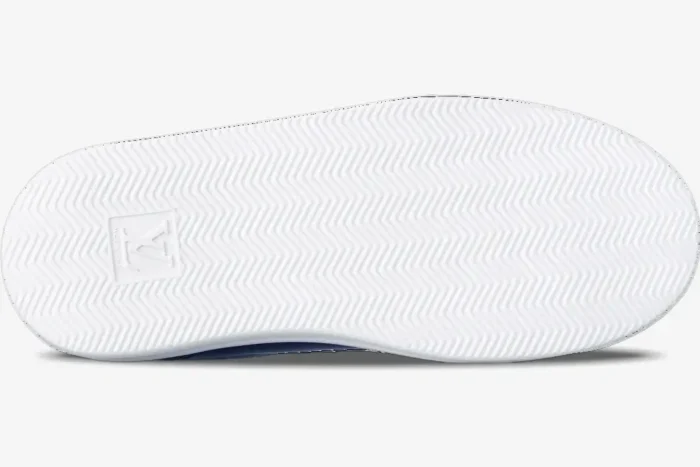 Bottom view of the white herringbone-patterned sole of a Louis Vuitton Beverly Hills Marine sneaker. - SKU 1ADFXW