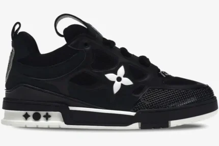 Side profile of a black and white Louis Vuitton LV Skate Sneaker featuring a large white flower logo. - SKU 1AARR1