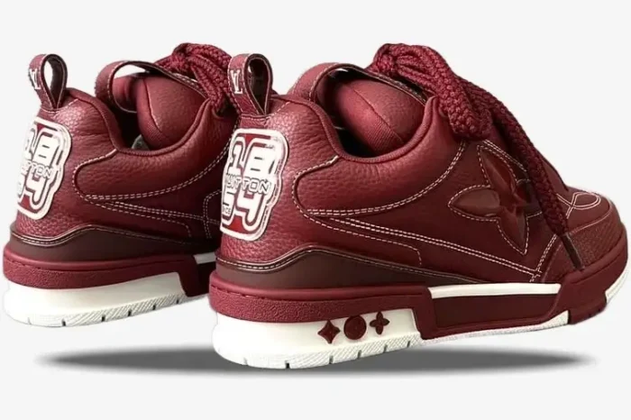 Louis Vuitton LV Skate Sneaker in Bordeaux Red, rear three-quarter view showing the heel and side details. - SKU 1ABZ6F