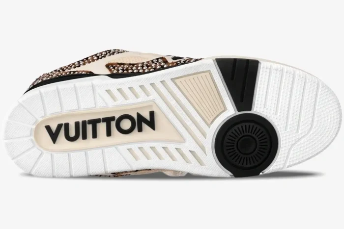 Bottom view of Louis Vuitton LV Trainer LV149 in beige and black showing the branded outsole.