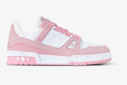 Side profile of a Louis Vuitton LV Trainer Rose Pink women's sneaker with white leather accents. - SKU 1AAW59