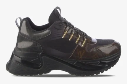 Side view of a Louis Vuitton Run Away Pulse sneaker featuring black mesh and brown monogram canvas. - SKU 1A40Z8