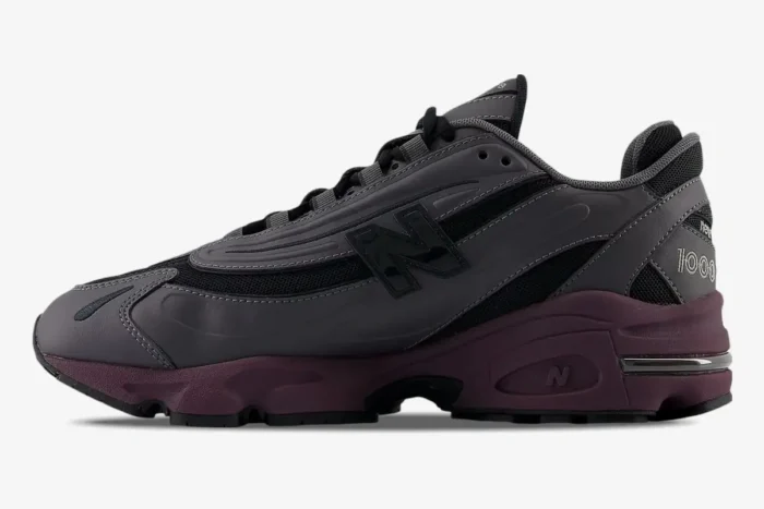 Side profile of New Balance 1000 Magnet Titular Grey and Deep Plum sneakers featuring a chunky layered midsole. - SKU M1000EB