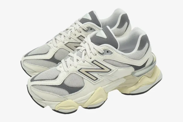 New Balance 9060 sneakers in white, grey, and beige, shown from a three-quarter angle perspective. - SKU U9060AGAD