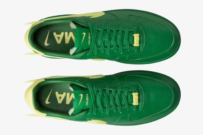 Top-down view of Nike Air Force 1 Low x Ambush sneakers in Pine Green and Citron. - SKU DV3464-300