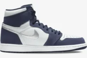 Air Jordan 1 High Midnight Navy CO.JP sneaker in a side profile view with white and silver accents. - SKU DC1788-100