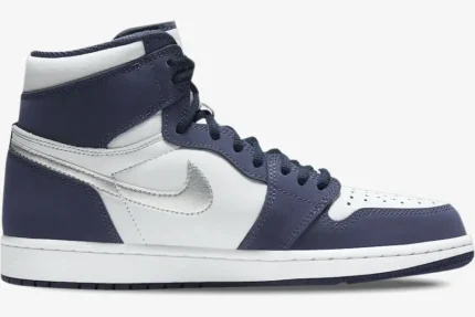 Air Jordan 1 High Midnight Navy CO.JP sneaker in a side profile view with white and silver accents. - SKU DC1788-100