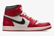 Side profile of the Air Jordan 1 Retro High OG Chicago sneaker in red, white, and black. - SKU 555088-101