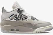 Side profile of the Air Jordan 4 Retro Frozen Moments in light grey and beige with metallic silver accents. - SKU AQ9129-001