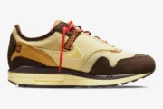 Nike Air Max 1 x Cactus Jack Baroque Brown sneaker, lateral side profile view with earth tones and red laces. - SKU DO9392-200
