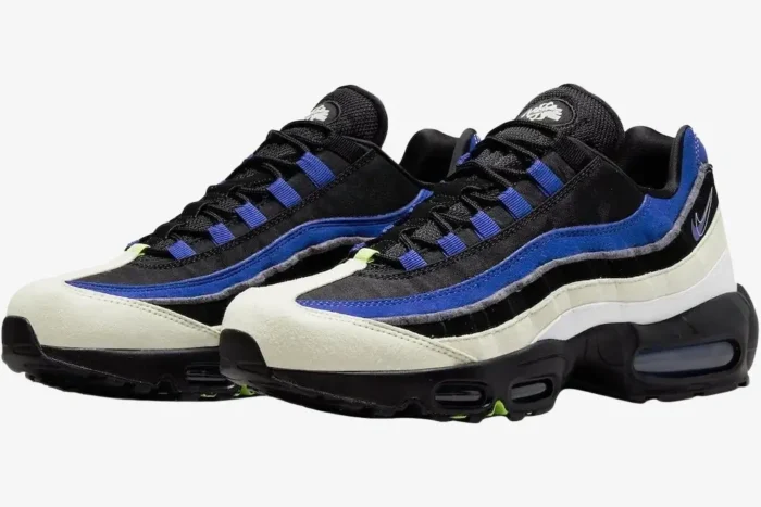 Nike Air Max 95 Double Swooshes sneakers in black, blue, and white, three-quarter side view. - SKU DQ0268-001