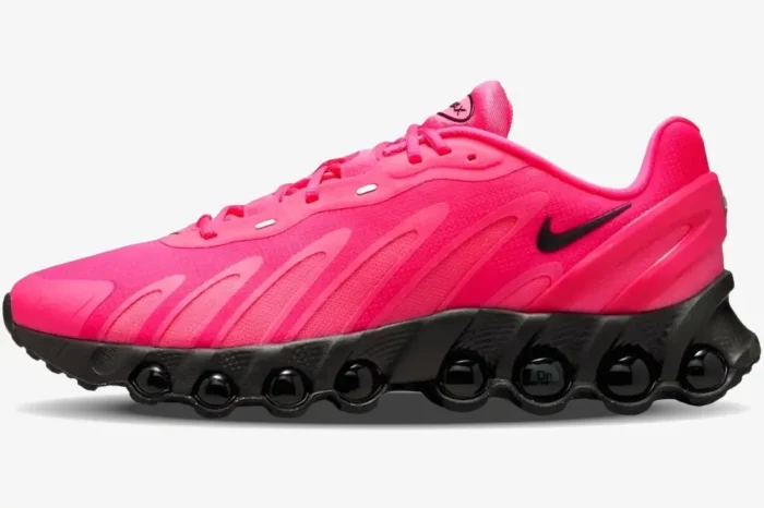 Nike Air Max Dn8 sneaker in Hyper Pink and Black, side profile view showing the unique multi-chambered air unit. - SKU FQ7860-600