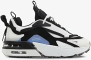 Nike Air Max Furyosa sneakers in white, black, and blue, shown from a side profile view. - SKU CZ4149-100