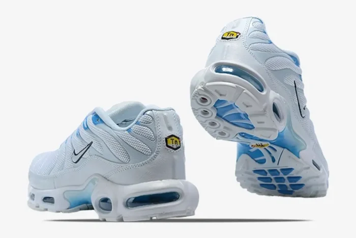 Rear and sole view of Nike Air Max Plus TN in Blue Fury White Blue with visible Air units. - SKU 852630-105