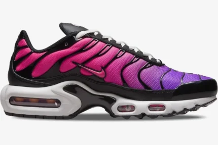 Nike Air Max Plus TN Dusk sneaker featuring a pink and purple gradient mesh upper, black overlays, and white midsole, side view. - SKU DZ3670-500