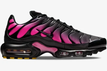 Nike Air Max Plus TN sneaker in pink and black gradient, side profile view with visible Air units. - SKU DM0032-020