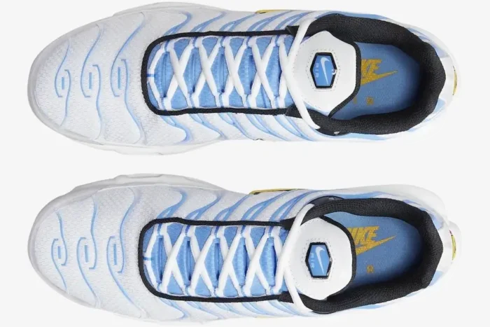 Top-down view of Nike Air Max Plus sneakers in white and university blue with white laces and black lining. - SKU DM0032-101