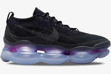 Nike Air Max Scorpion Flyknit in black and purple, side profile view showing the large translucent air sole. - SKU DR0888-001