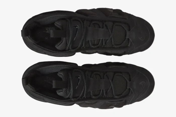 Top-down view of Nike Air More Uptempo Low Triple Black sneakers in all black. - SKU IM6649-001