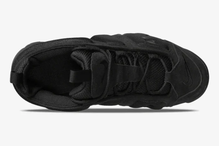 Top-down view of the Nike Air More Uptempo Low in triple black, showing the laces and interior. - SKU IM6649-001