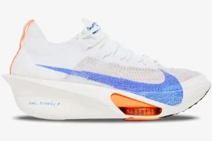 Nike Air Zoom Alphafly Next% 3 running shoe in white with a blue swoosh and orange accents, side profile view. - SKU HF7357-100