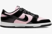 Nike Dunk Low women's sneakers in black patent leather and pink, side profile view. - SKU DJ9955-600