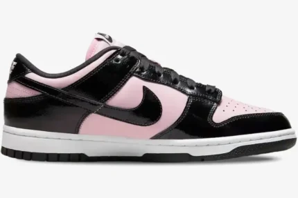 Nike Dunk Low women's sneakers in black patent leather and pink, side profile view. - SKU DJ9955-600