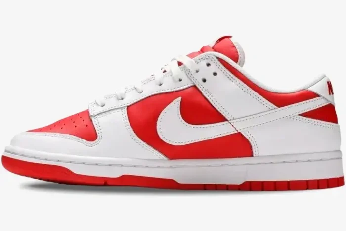 Nike Dunk Low Championship Red sneaker in a side profile view featuring red and white leather panels. - SKU DD1391-600