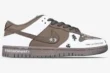 Nike Dunk Low x Chrome Hearts custom brown and white sneaker with gothic graphics, side profile view.