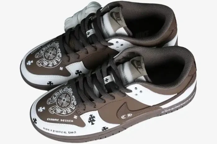 Nike Dunk Low x Chrome Hearts custom sneakers in brown and white, top-down diagonal view showing graphic prints.