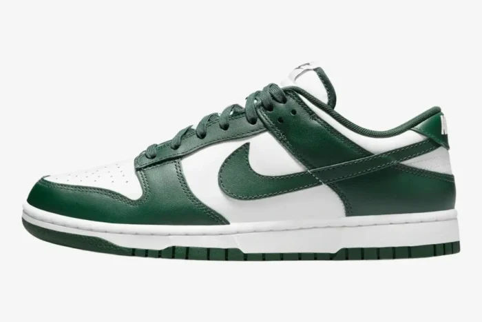 Nike Dunk Low Michigan State Spartan Green sneaker in a side profile view with white and dark green leather. - SKU DD1391-101
