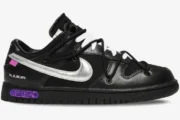 Nike Dunk Low x Off-White Lot 50 of 50 in black with silver Swoosh, side profile view. - SKU DM1602-001