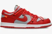 Nike Dunk Low x Off-White University Red sneaker in a side profile view with red and grey leather. - SKU CT0856-600